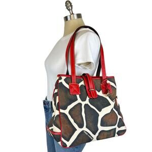 Dooney & Bourke Giraffe Print Purse Satchel Shoulder Bag Red Leather Straps Trim